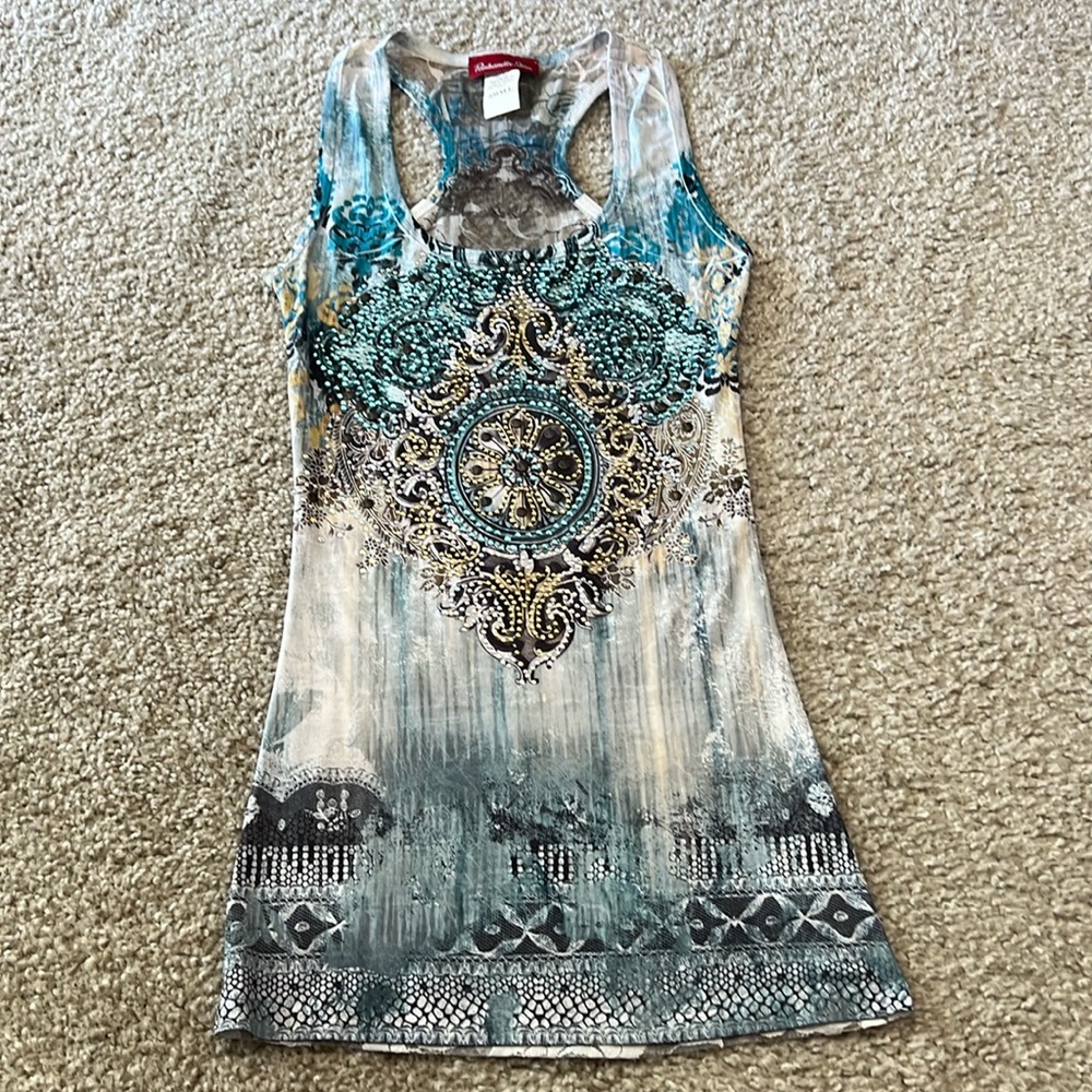 Panhandle Slim women’s razor back lace back sequin front unique design blue tank